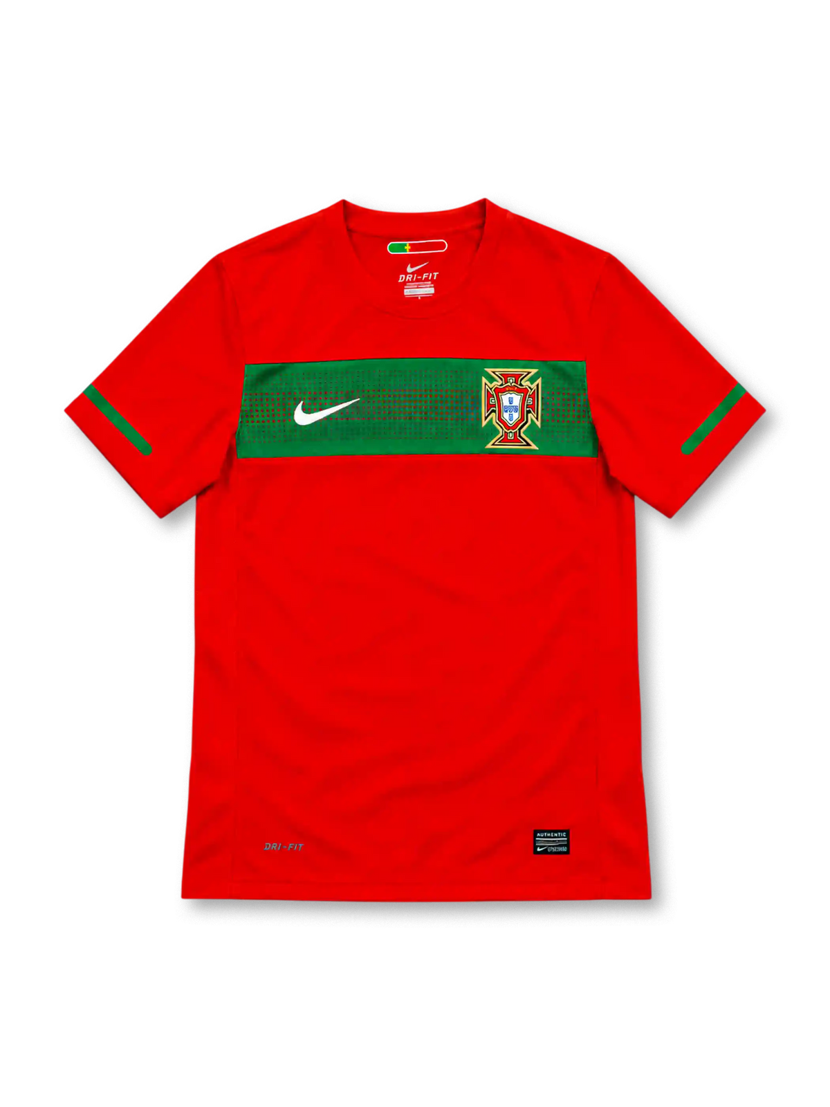 Portugal 2010 red Nike home jersey with a textured green horizontal chest band, white Nike Swoosh, Portuguese Football Federation crest, green sleeve accents, Dri-FIT lettering, and black Authentic-style hem label.