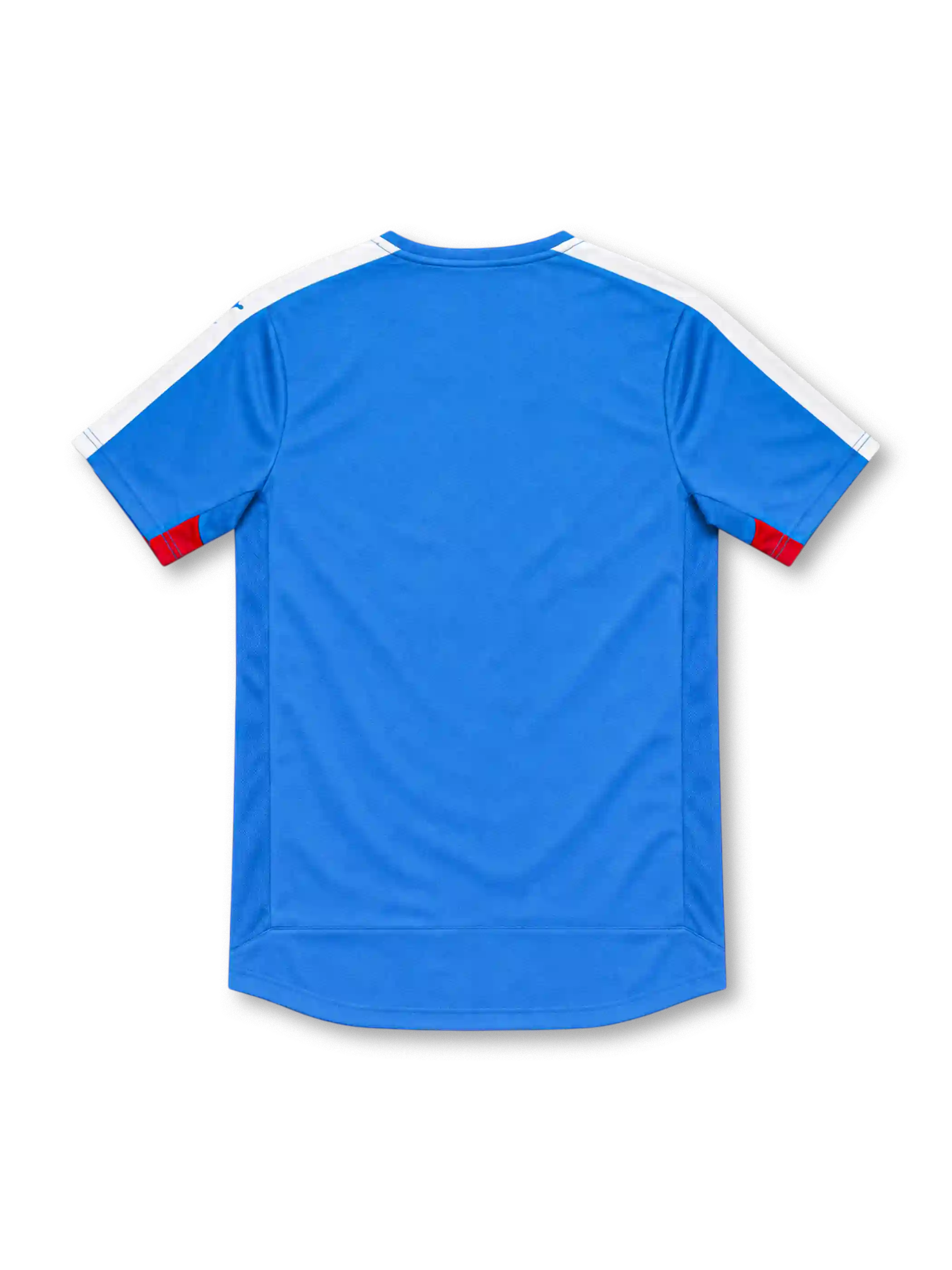 Rangers FC 2015/16 royal-blue Puma home jersey with white shoulder panels, red-trimmed V-neck collar, white Puma logos, five-star Rangers crest, white 32Red sponsor, and red sleeve accents.