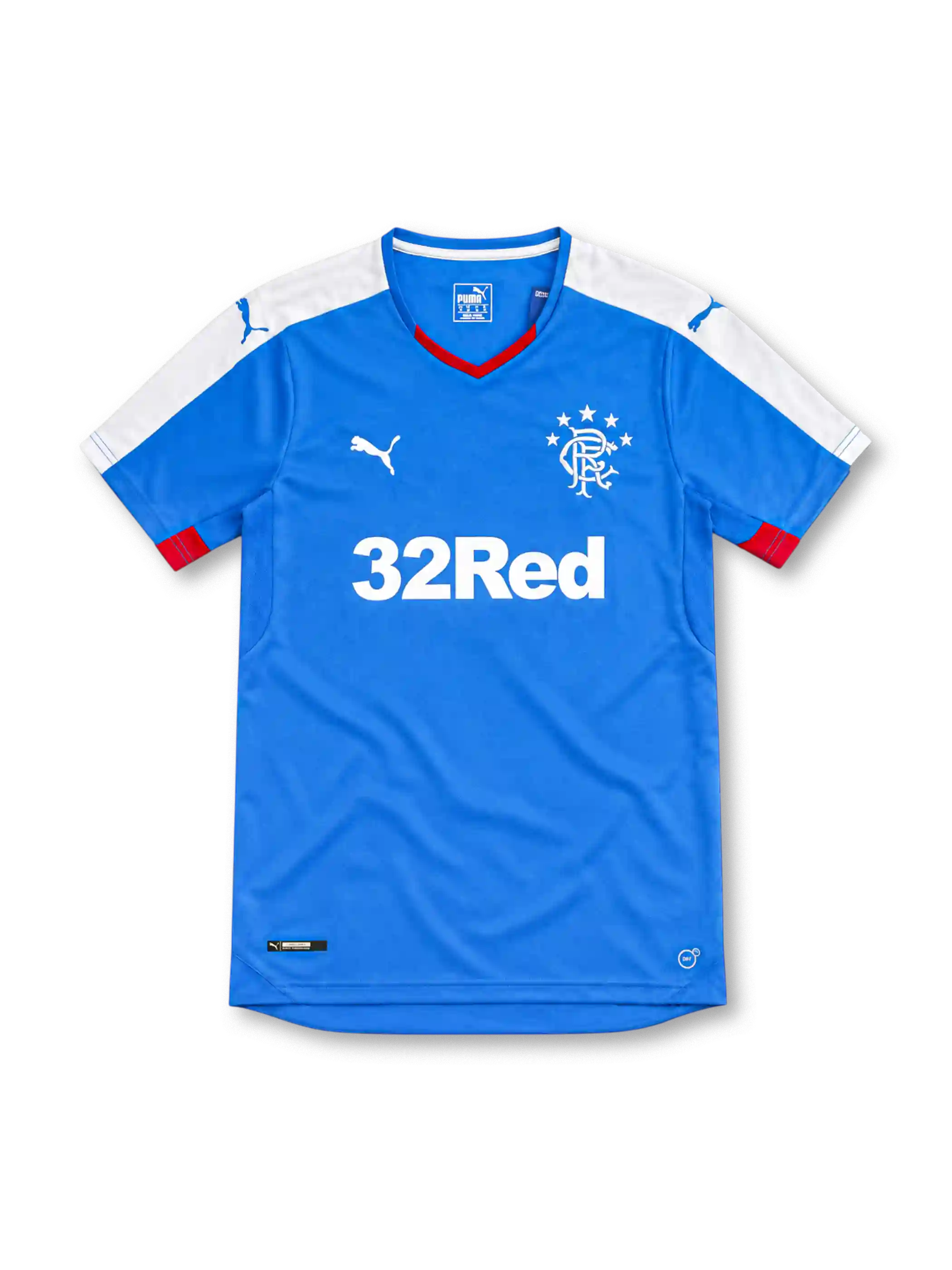 Rangers FC 2015/16 royal-blue Puma home jersey with white shoulder panels, red-trimmed V-neck collar, white Puma logos, five-star Rangers crest, white 32Red sponsor, and red sleeve accents.