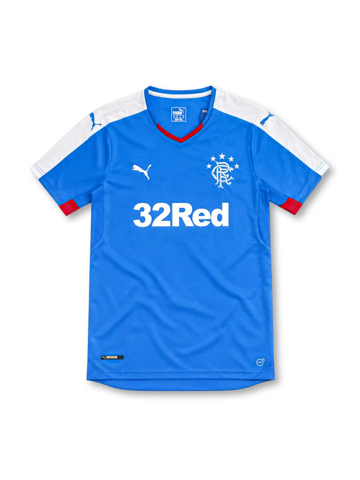 Rangers FC 2015/16 royal-blue Puma home jersey with white shoulder panels, red-trimmed V-neck collar, white Puma logos, five-star Rangers crest, white 32Red sponsor, and red sleeve accents.