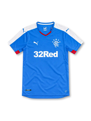 Rangers FC 2015/16 royal-blue Puma home jersey with white shoulder panels, red-trimmed V-neck collar, white Puma logos, five-star Rangers crest, white 32Red sponsor, and red sleeve accents.