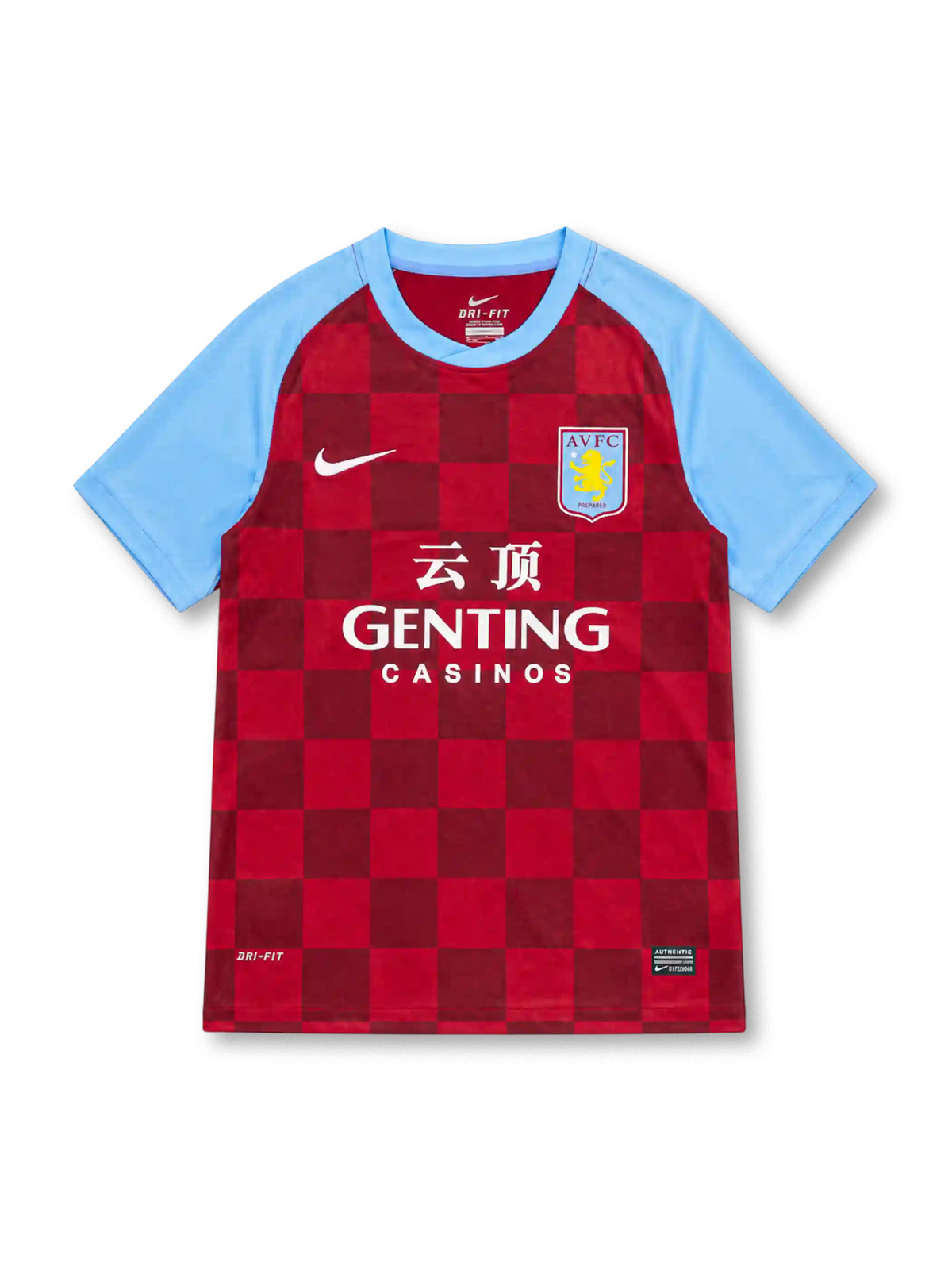 Aston Villa 2011/12 Nike home jersey with claret checkerboard pattern, sky-blue sleeves and collar, white Nike Swoosh, AVFC crest, Genting Casinos sponsor with Chinese characters, and Dri-FIT hem detailing.