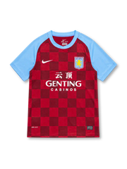 Aston Villa 2011/12 Nike home jersey with claret checkerboard pattern, sky-blue sleeves and collar, white Nike Swoosh, AVFC crest, Genting Casinos sponsor with Chinese characters, and Dri-FIT hem detailing.