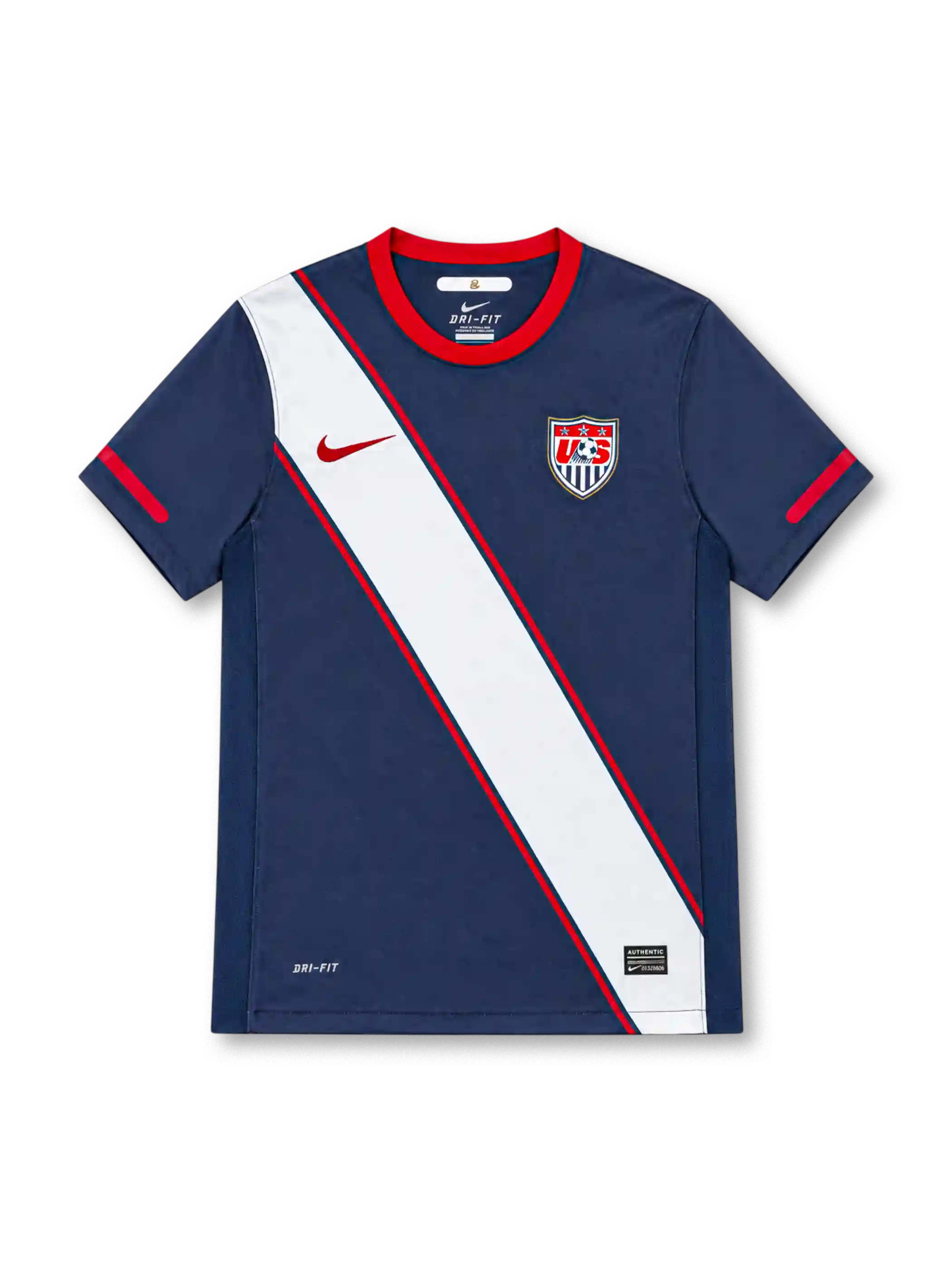 USA 2010 Nike away jersey in navy blue with a broad white diagonal sash outlined in red, red crew-neck collar and sleeve accents, red Nike Swoosh, United States Soccer crest, Dri-FIT branding, and Authentic-style hem label.