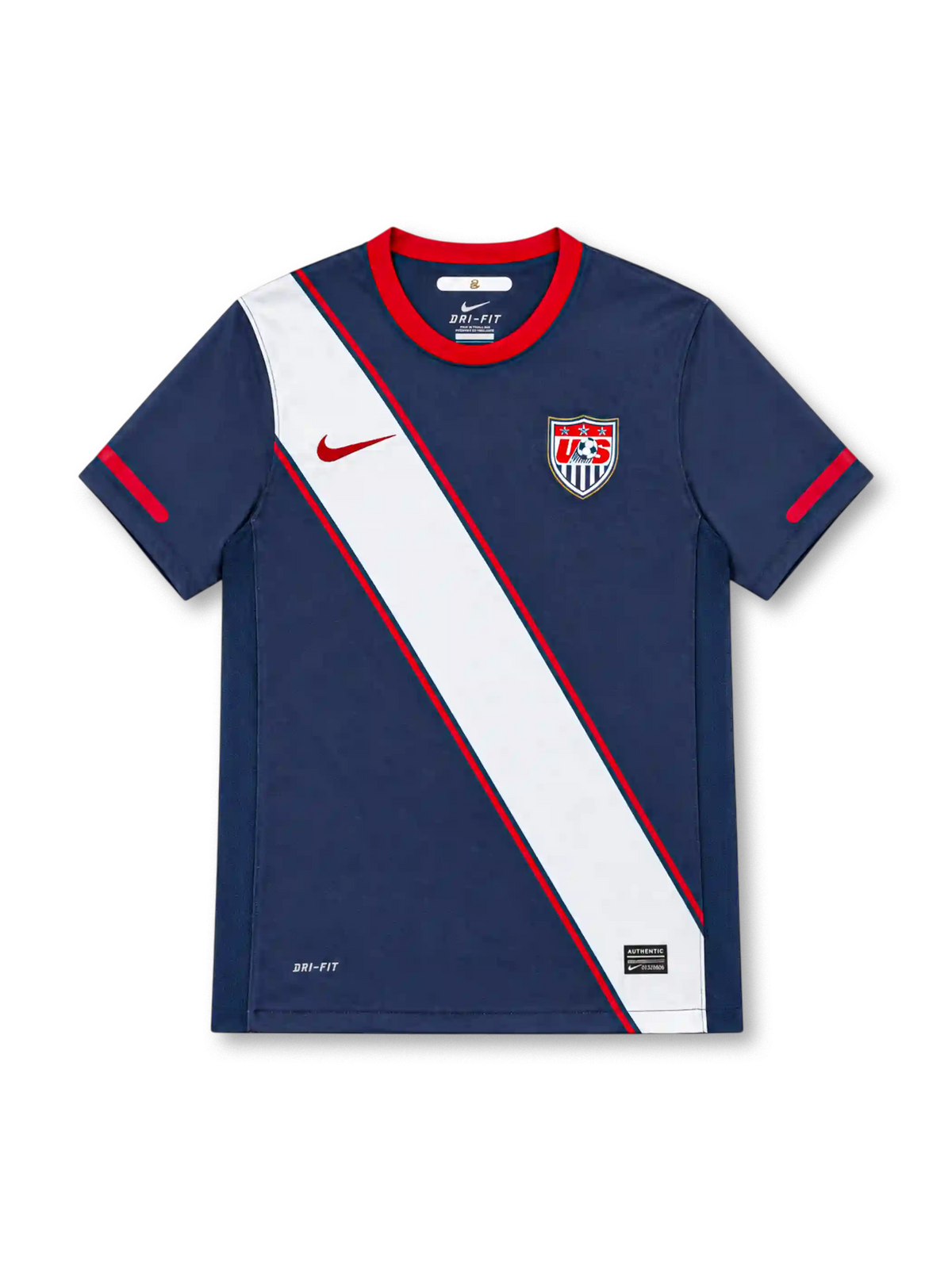 USA 2010 Nike away jersey in navy blue with a broad white diagonal sash outlined in red, red crew-neck collar and sleeve accents, red Nike Swoosh, United States Soccer crest, Dri-FIT branding, and Authentic-style hem label.