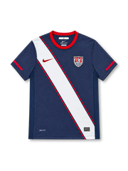 USA 2010 Nike away jersey in navy blue with a broad white diagonal sash outlined in red, red crew-neck collar and sleeve accents, red Nike Swoosh, United States Soccer crest, Dri-FIT branding, and Authentic-style hem label.
