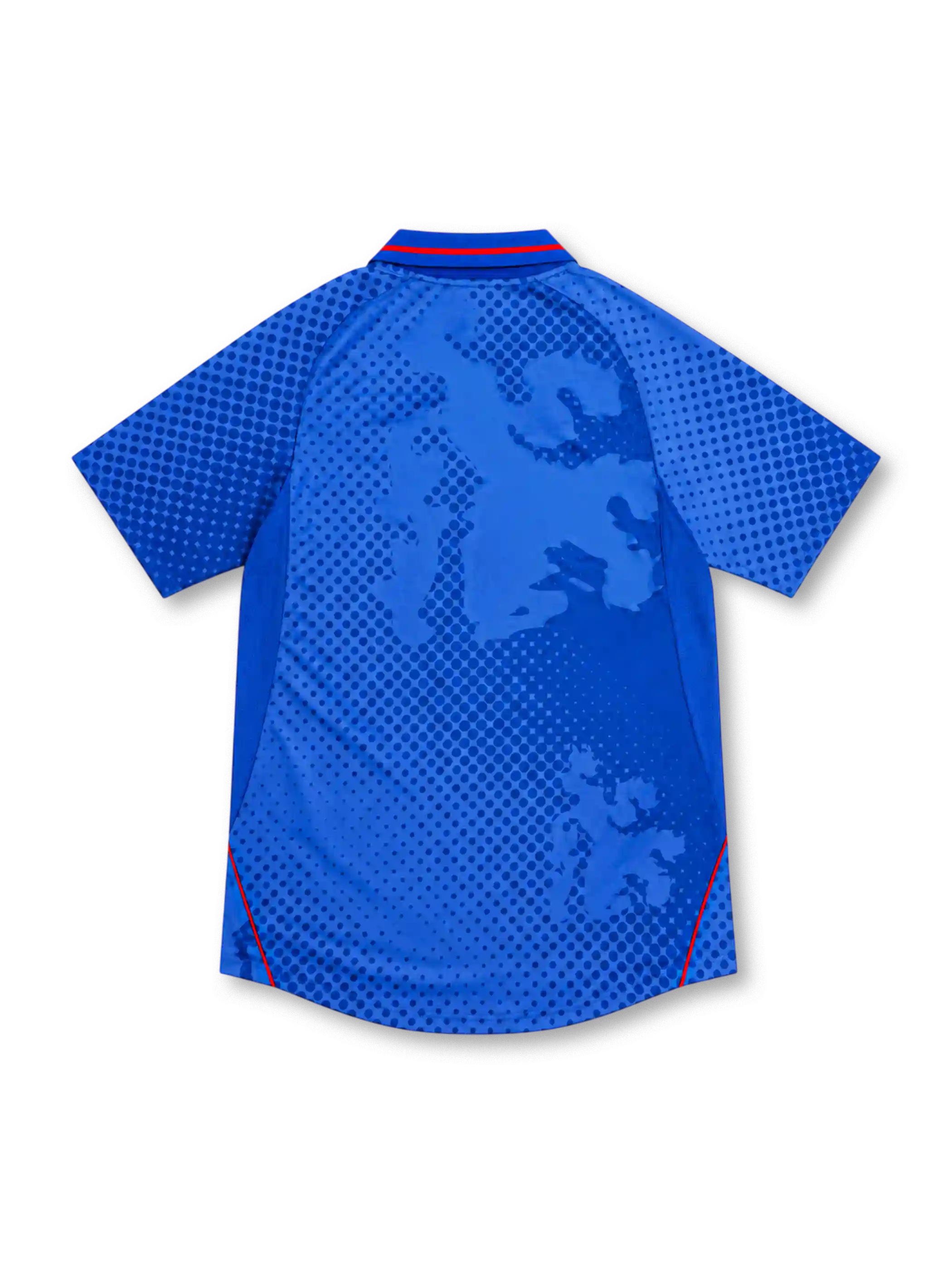 Rangers FC 2002/03 royal-blue Diadora home jersey with tonal dotted lion graphics, blue fold-down collar with red trim, white V-neck insert, white RFC crest, Diadora logo, ntl:home Digital TV sponsor, and red side piping.