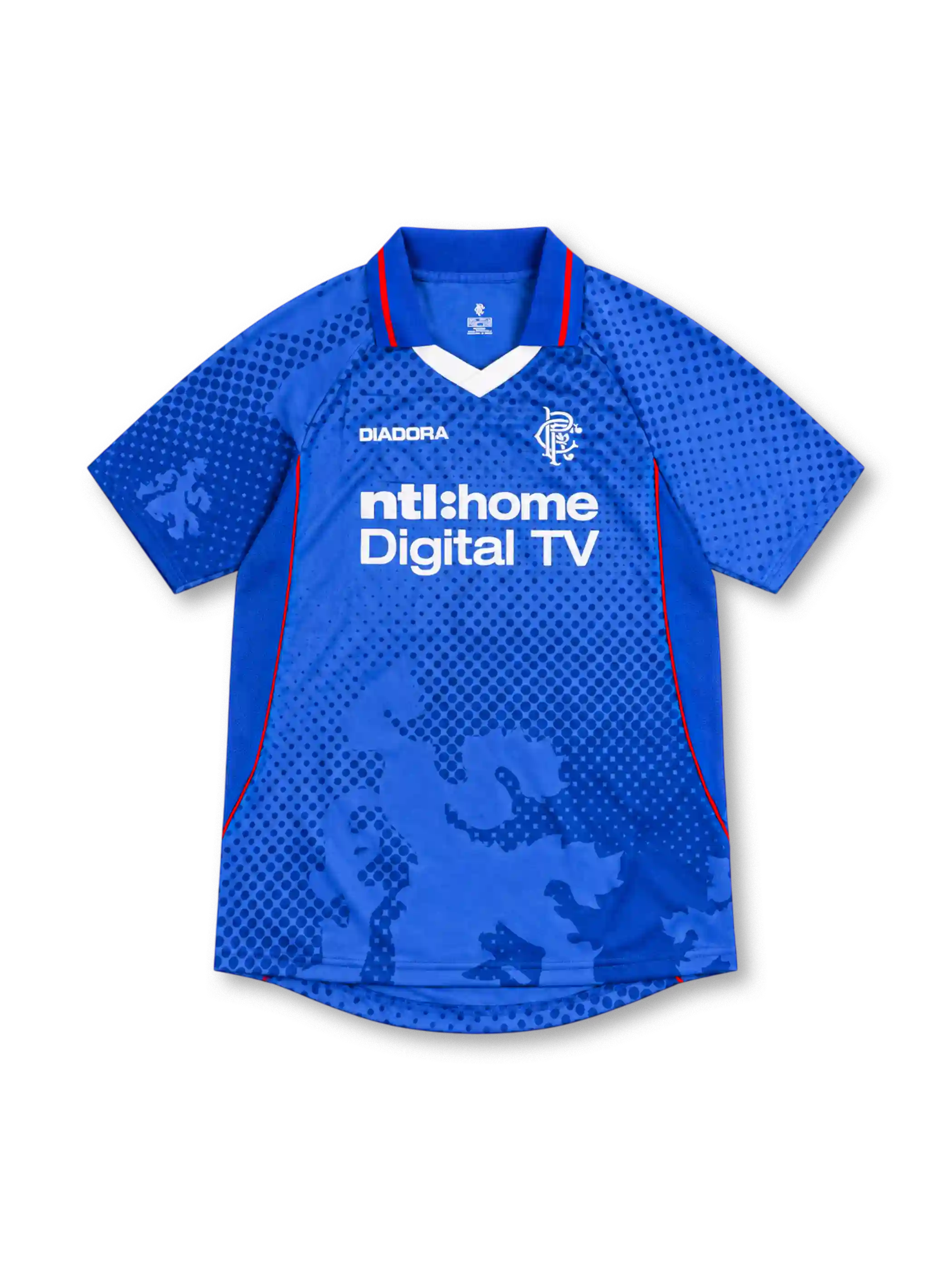 Rangers FC 2002/03 royal-blue Diadora home jersey with tonal dotted lion graphics, blue fold-down collar with red trim, white V-neck insert, white RFC crest, Diadora logo, ntl:home Digital TV sponsor, and red side piping.