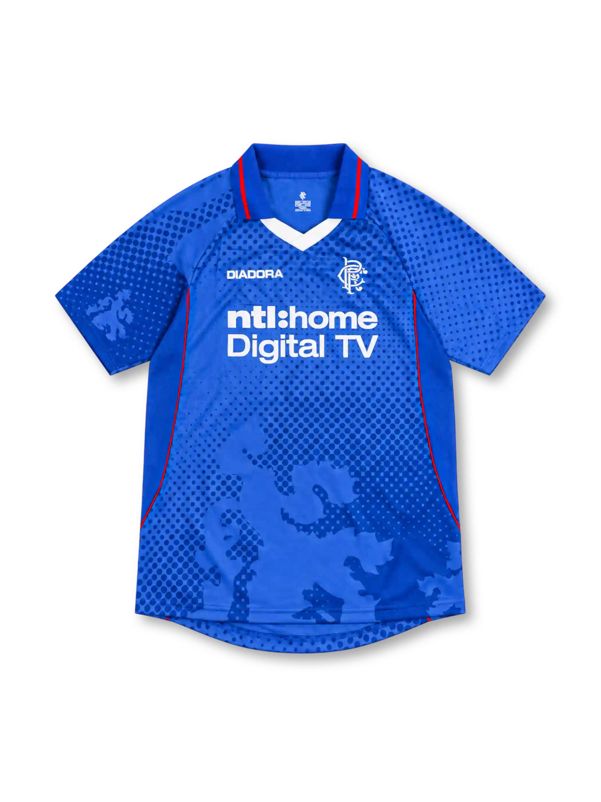 Rangers FC 2002/03 royal-blue Diadora home jersey with tonal dotted lion graphics, blue fold-down collar with red trim, white V-neck insert, white RFC crest, Diadora logo, ntl:home Digital TV sponsor, and red side piping.