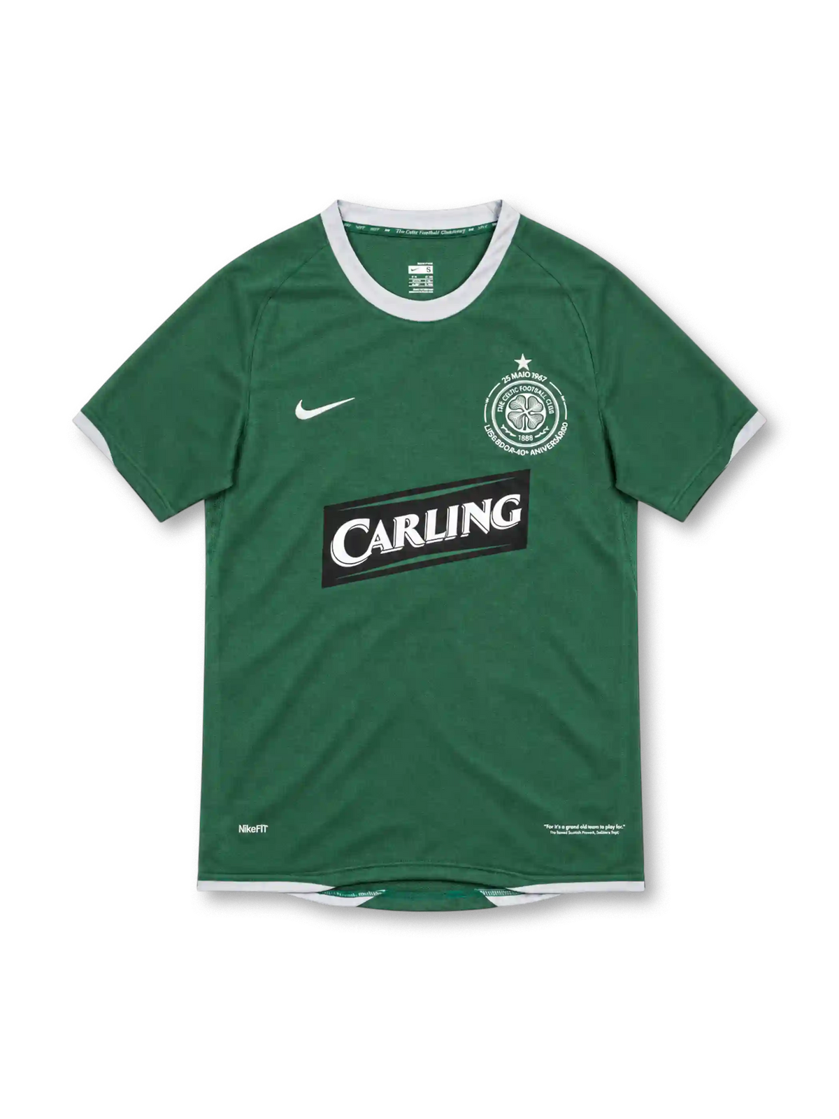 Celtic FC 2007/08 Lisbon Lions 40th anniversary green Nike away jersey with white crew-neck collar and sleeve trim, white Nike Swoosh, commemorative Celtic crest with star, black Carling sponsor, and NikeFIT detailing.