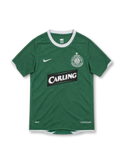 Celtic FC 2007/08 Lisbon Lions 40th anniversary green Nike away jersey with white crew-neck collar and sleeve trim, white Nike Swoosh, commemorative Celtic crest with star, black Carling sponsor, and NikeFIT detailing.