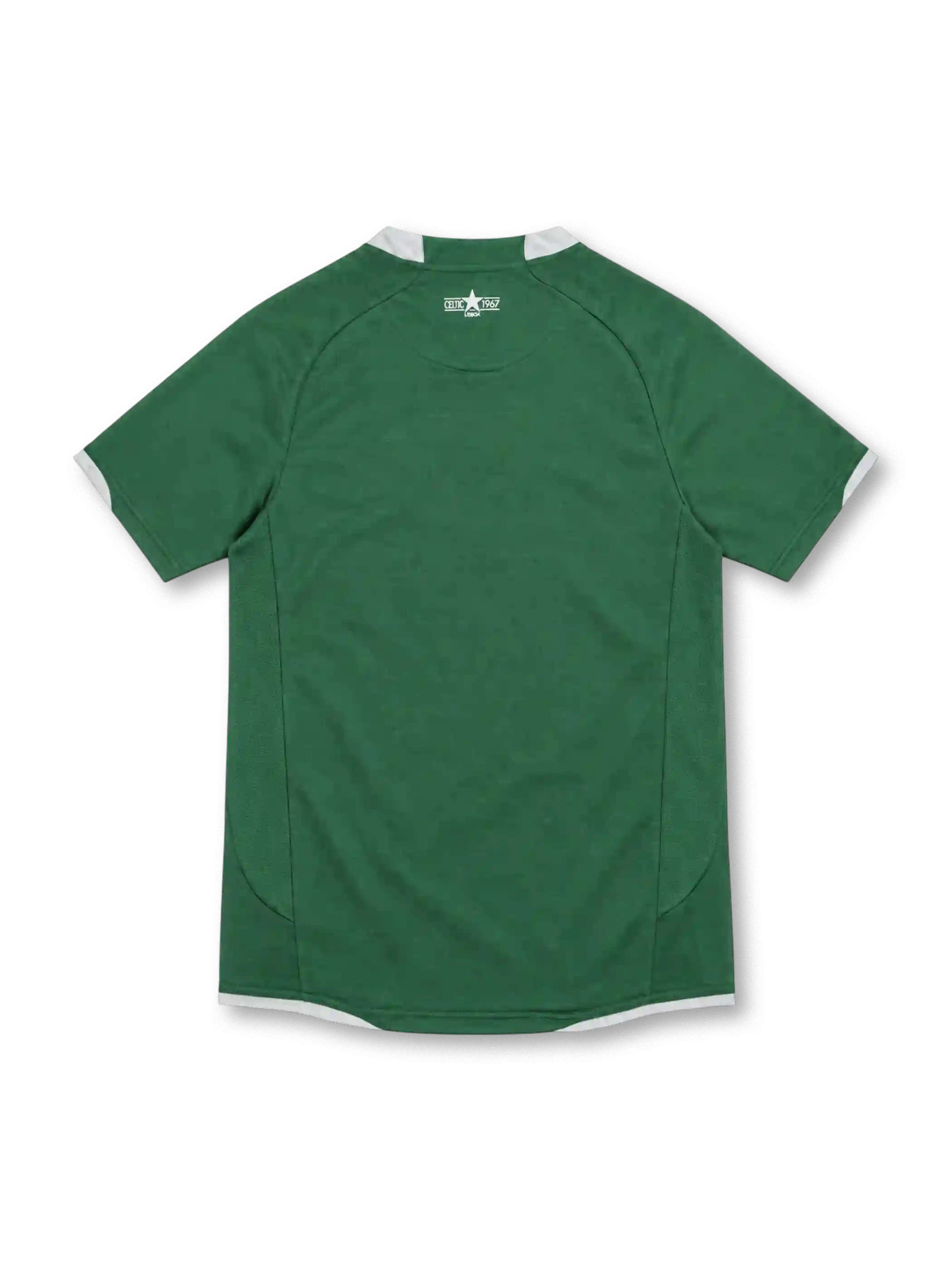 Celtic FC 2007/08 Lisbon Lions 40th anniversary green Nike away jersey with white crew-neck collar and sleeve trim, white Nike Swoosh, commemorative Celtic crest with star, black Carling sponsor, and NikeFIT detailing.