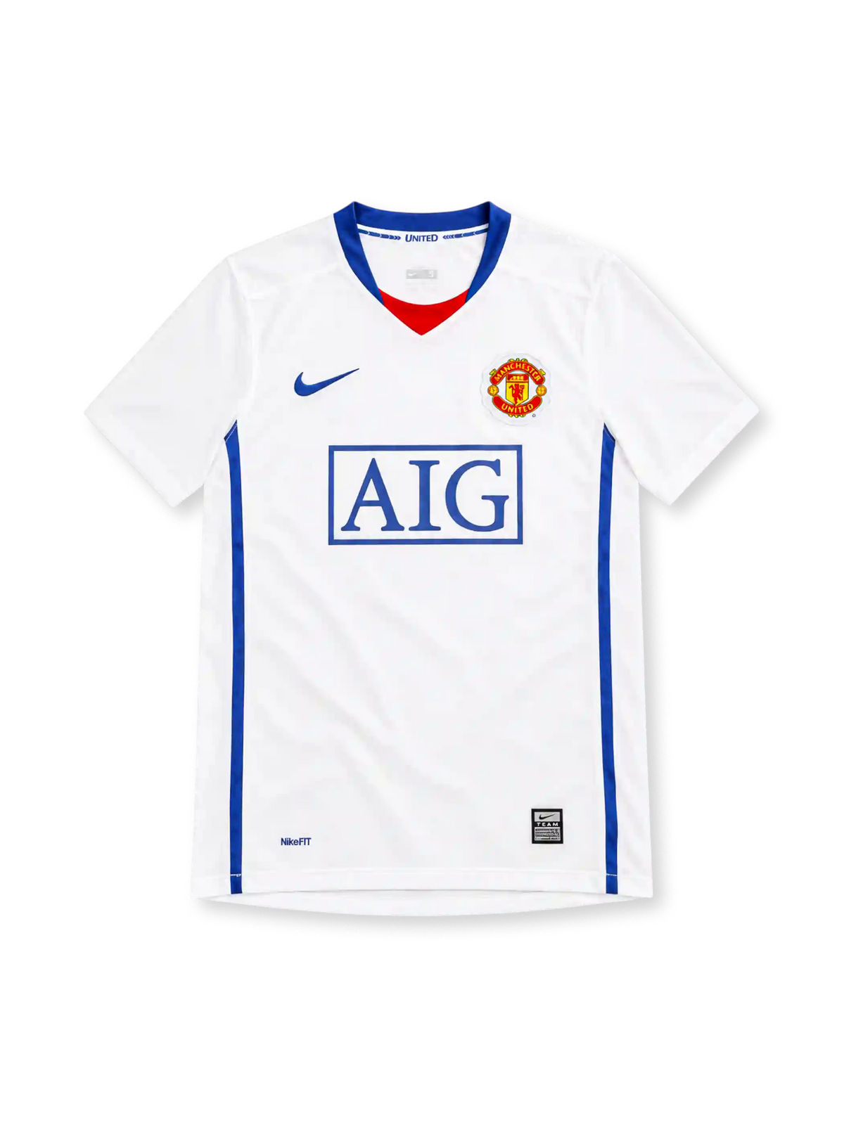 Manchester United 2008/09 Nike away jersey in white with blue V-neck trim, red neckline insert, royal-blue side panels, blue Nike Swoosh, Manchester United crest, boxed blue AIG sponsor, and NikeFIT hem detailing.