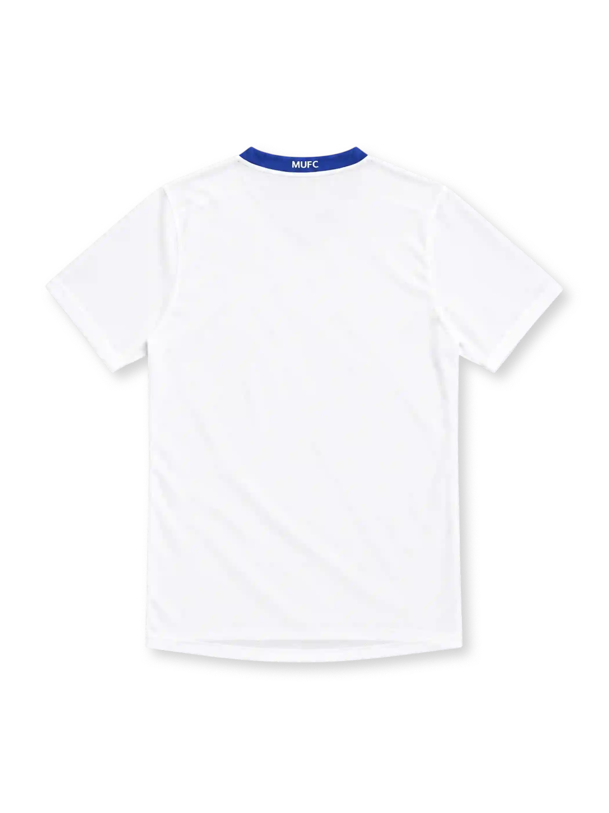 Manchester United 2008/09 Nike away jersey in white with blue V-neck trim, red neckline insert, royal-blue side panels, blue Nike Swoosh, Manchester United crest, boxed blue AIG sponsor, and NikeFIT hem detailing.