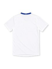 Manchester United 2008/09 Nike away jersey in white with blue V-neck trim, red neckline insert, royal-blue side panels, blue Nike Swoosh, Manchester United crest, boxed blue AIG sponsor, and NikeFIT hem detailing.