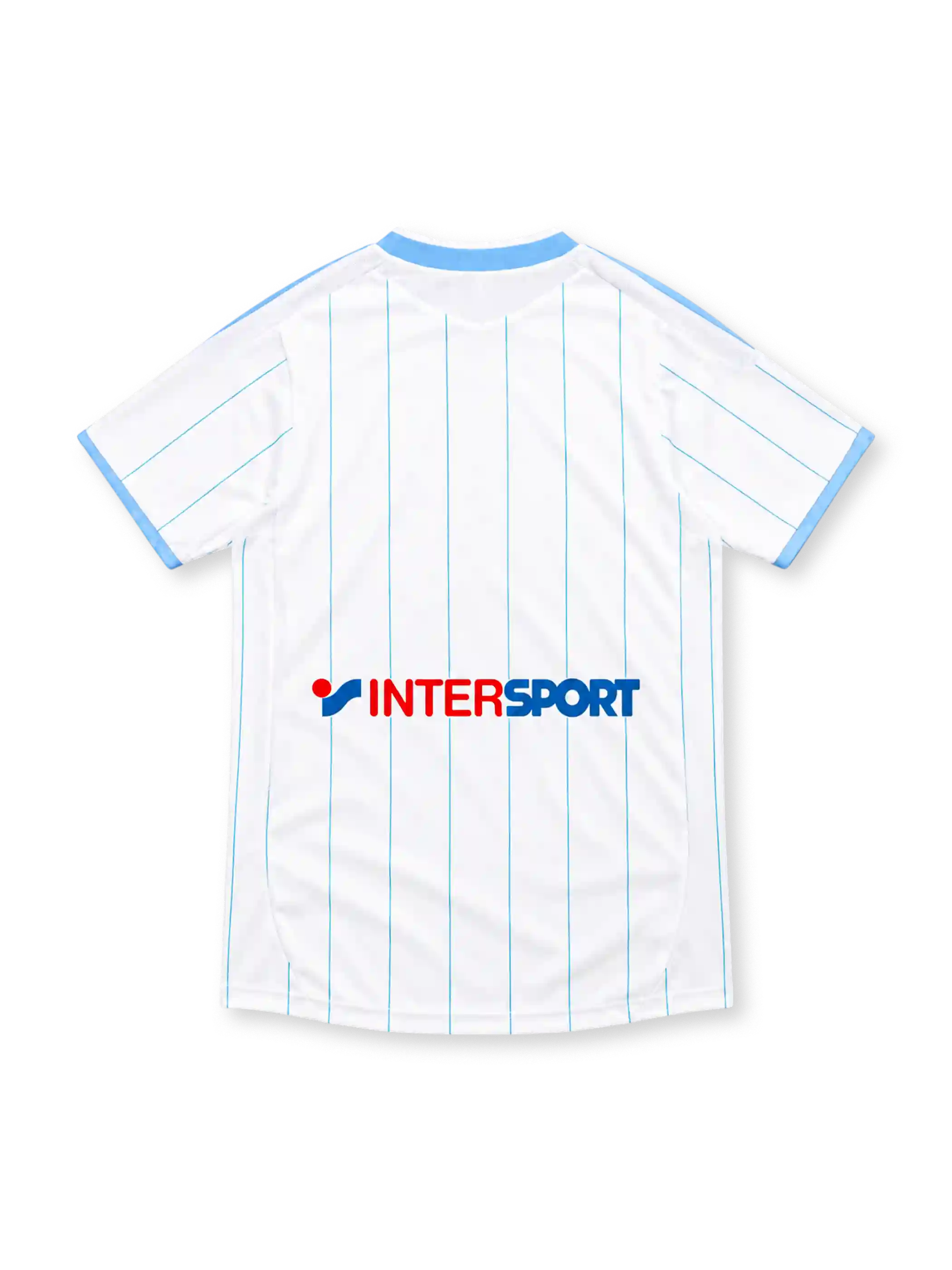 Olympique Marseille 2009/10 white adidas home jersey with sky-blue vertical pinstripes, crossover V-neck collar, light-blue shoulder stripes and sleeve trim, heritage-style OM crest, blue Direct Énergie sponsor, and FORMOTION branding.