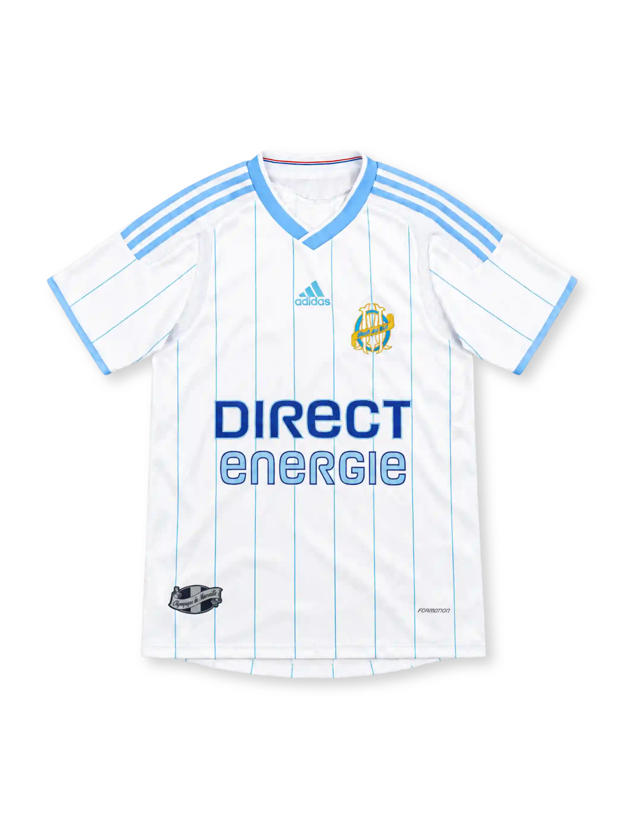 Olympique Marseille 2009/10 white adidas home jersey with sky-blue vertical pinstripes, crossover V-neck collar, light-blue shoulder stripes and sleeve trim, heritage-style OM crest, blue Direct Énergie sponsor, and FORMOTION branding.