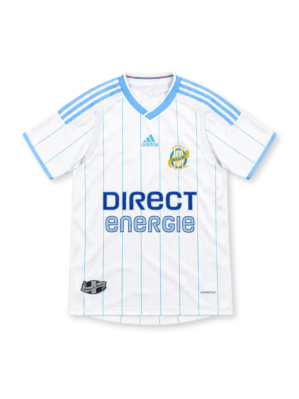 Olympique Marseille 2009/10 white adidas home jersey with sky-blue vertical pinstripes, crossover V-neck collar, light-blue shoulder stripes and sleeve trim, heritage-style OM crest, blue Direct Énergie sponsor, and FORMOTION branding.