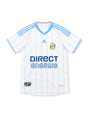 Olympique Marseille 2009/10 white adidas home jersey with sky-blue vertical pinstripes, crossover V-neck collar, light-blue shoulder stripes and sleeve trim, heritage-style OM crest, blue Direct Énergie sponsor, and FORMOTION branding.