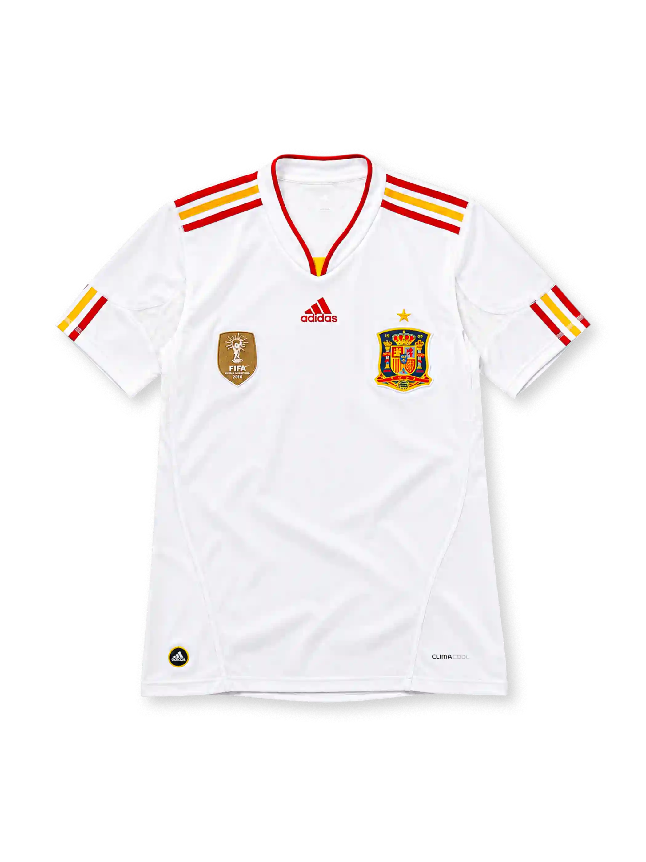Spain 2011/12 white adidas away jersey with red and yellow shoulder stripes, red-trimmed V-neck collar, gold FIFA World Champions 2010 badge, Spain crest with gold star, red adidas logo, and CLIMACOOL detailing.