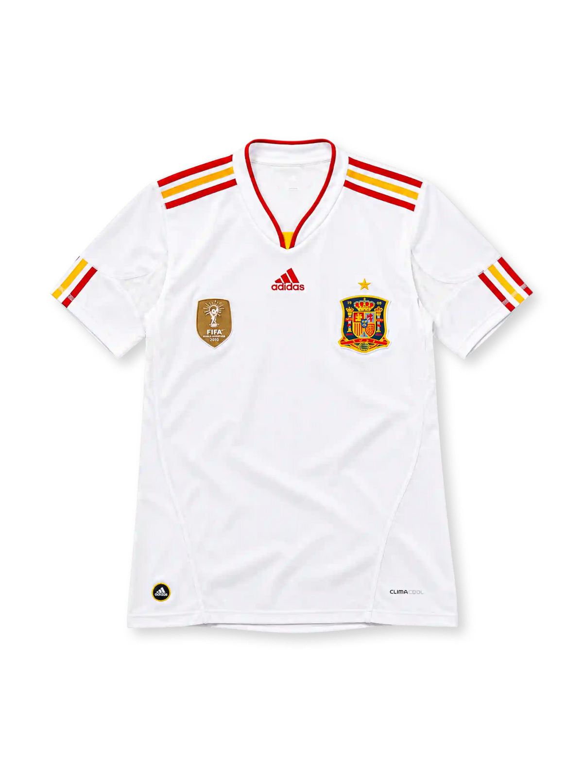 Spain 2011/12 white adidas away jersey with red and yellow shoulder stripes, red-trimmed V-neck collar, gold FIFA World Champions 2010 badge, Spain crest with gold star, red adidas logo, and CLIMACOOL detailing.
