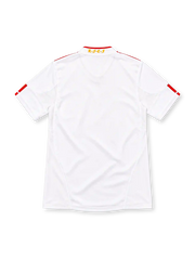 Spain 2011/12 white adidas away jersey with red and yellow shoulder stripes, red-trimmed V-neck collar, gold FIFA World Champions 2010 badge, Spain crest with gold star, red adidas logo, and CLIMACOOL detailing.