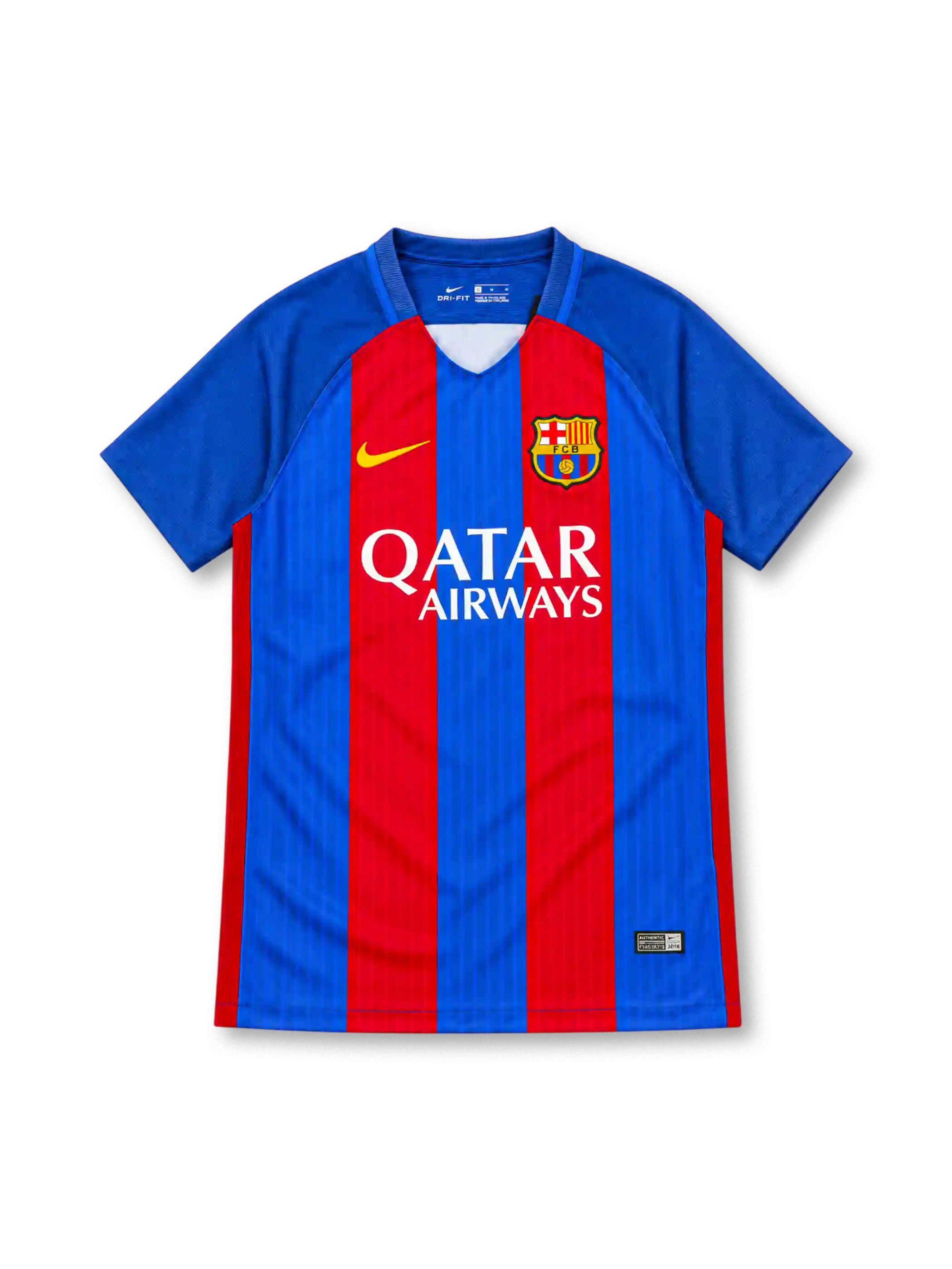 Barcelona 2016/17 Nike home jersey featuring blue and red vertical stripes, royal-blue sleeves, blue V-neck collar with white insert, yellow Nike Swoosh, FC Barcelona crest, white Qatar Airways sponsor, and Authentic-style hem label.