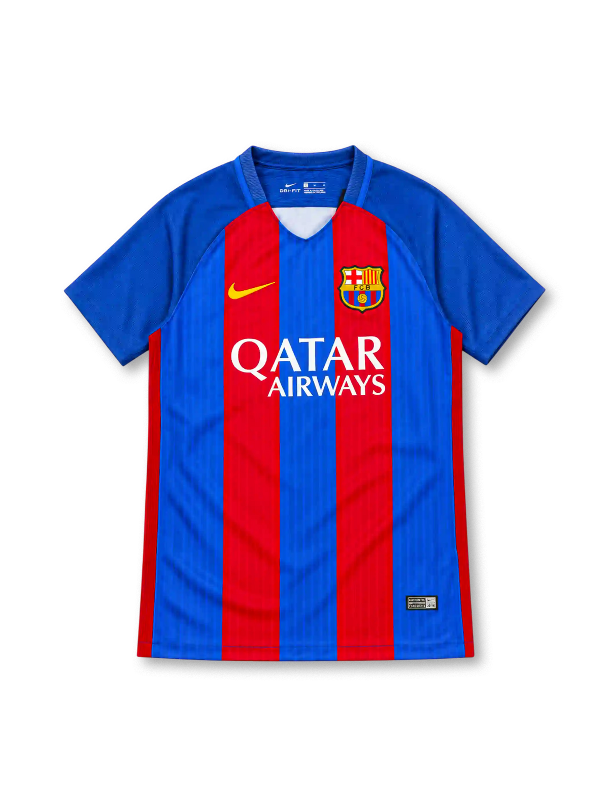 Barcelona 2016/17 Nike home jersey featuring blue and red vertical stripes, royal-blue sleeves, blue V-neck collar with white insert, yellow Nike Swoosh, FC Barcelona crest, white Qatar Airways sponsor, and Authentic-style hem label.