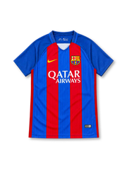 Barcelona 2016/17 Nike home jersey featuring blue and red vertical stripes, royal-blue sleeves, blue V-neck collar with white insert, yellow Nike Swoosh, FC Barcelona crest, white Qatar Airways sponsor, and Authentic-style hem label.