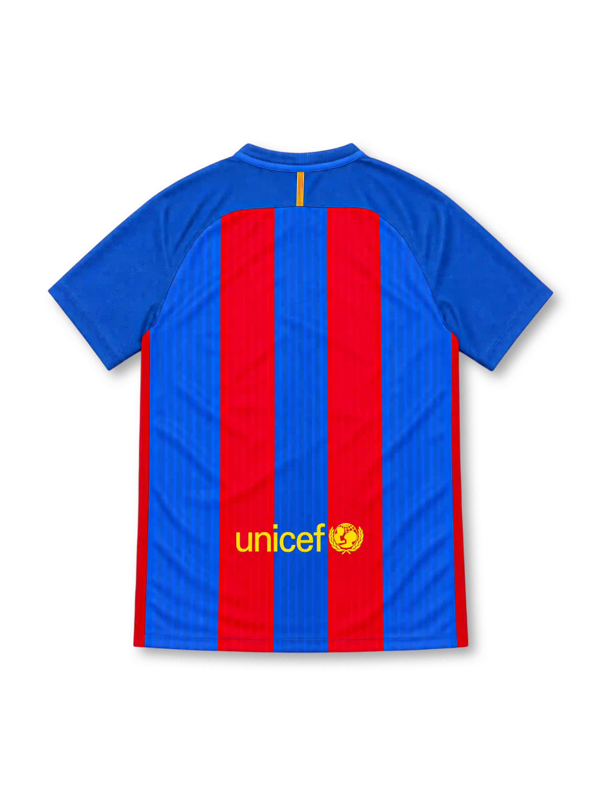 Barcelona 2016/17 Nike home jersey featuring blue and red vertical stripes, royal-blue sleeves, blue V-neck collar with white insert, yellow Nike Swoosh, FC Barcelona crest, white Qatar Airways sponsor, and Authentic-style hem label.