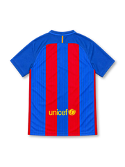 Barcelona 2016/17 Nike home jersey featuring blue and red vertical stripes, royal-blue sleeves, blue V-neck collar with white insert, yellow Nike Swoosh, FC Barcelona crest, white Qatar Airways sponsor, and Authentic-style hem label.