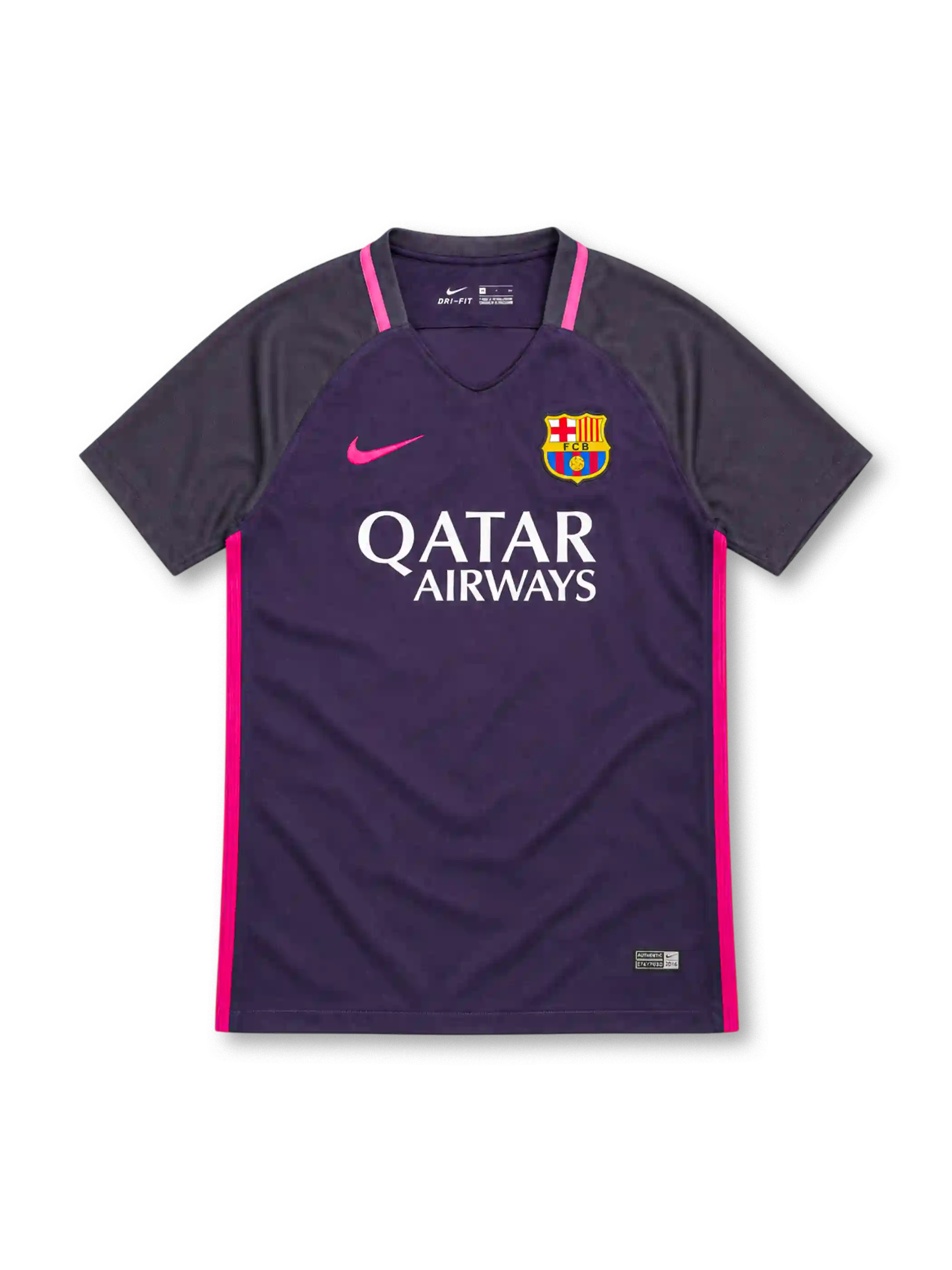 Barcelona 2016/17 Nike away jersey featuring a deep purple body, dark charcoal-purple raglan sleeves, pink Nike Swoosh, bright pink collar and side stripes, FC Barcelona crest, white Qatar Airways sponsor, and Authentic-style hem label.