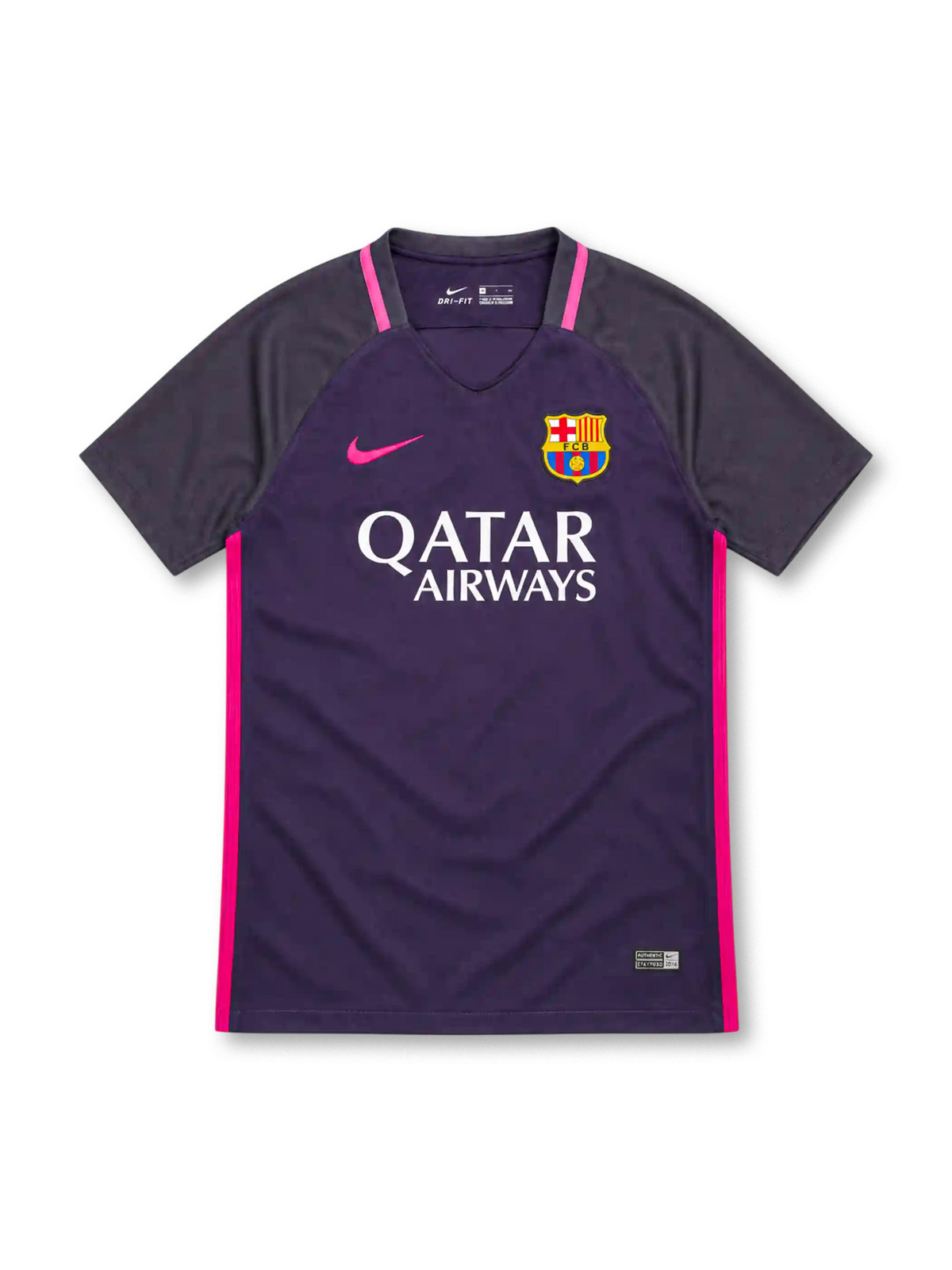 Barcelona 2016/17 Nike away jersey featuring a deep purple body, dark charcoal-purple raglan sleeves, pink Nike Swoosh, bright pink collar and side stripes, FC Barcelona crest, white Qatar Airways sponsor, and Authentic-style hem label.