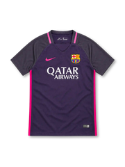 Barcelona 2016/17 Nike away jersey featuring a deep purple body, dark charcoal-purple raglan sleeves, pink Nike Swoosh, bright pink collar and side stripes, FC Barcelona crest, white Qatar Airways sponsor, and Authentic-style hem label.