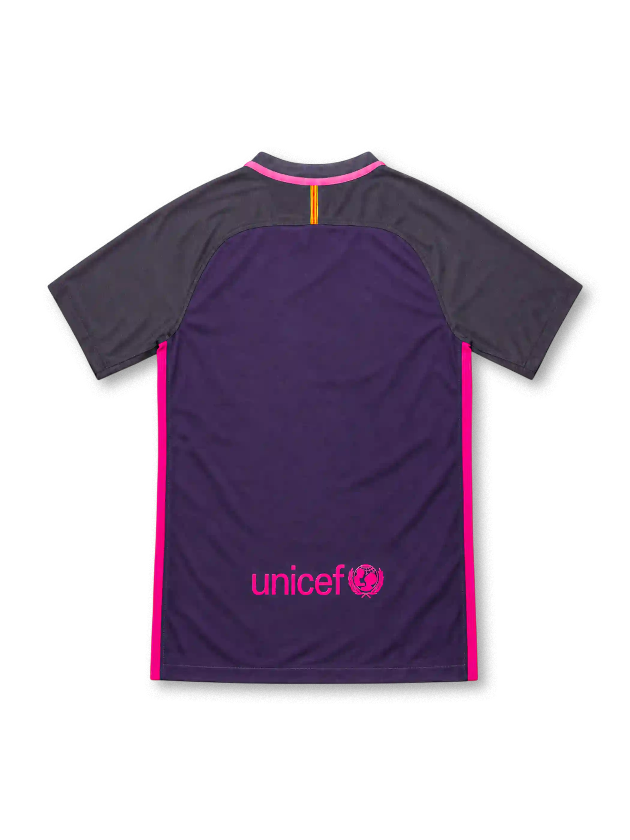 Barcelona 2016/17 Nike away jersey featuring a deep purple body, dark charcoal-purple raglan sleeves, pink Nike Swoosh, bright pink collar and side stripes, FC Barcelona crest, white Qatar Airways sponsor, and Authentic-style hem label.