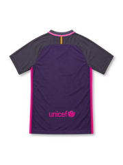 Barcelona 2016/17 Nike away jersey featuring a deep purple body, dark charcoal-purple raglan sleeves, pink Nike Swoosh, bright pink collar and side stripes, FC Barcelona crest, white Qatar Airways sponsor, and Authentic-style hem label.