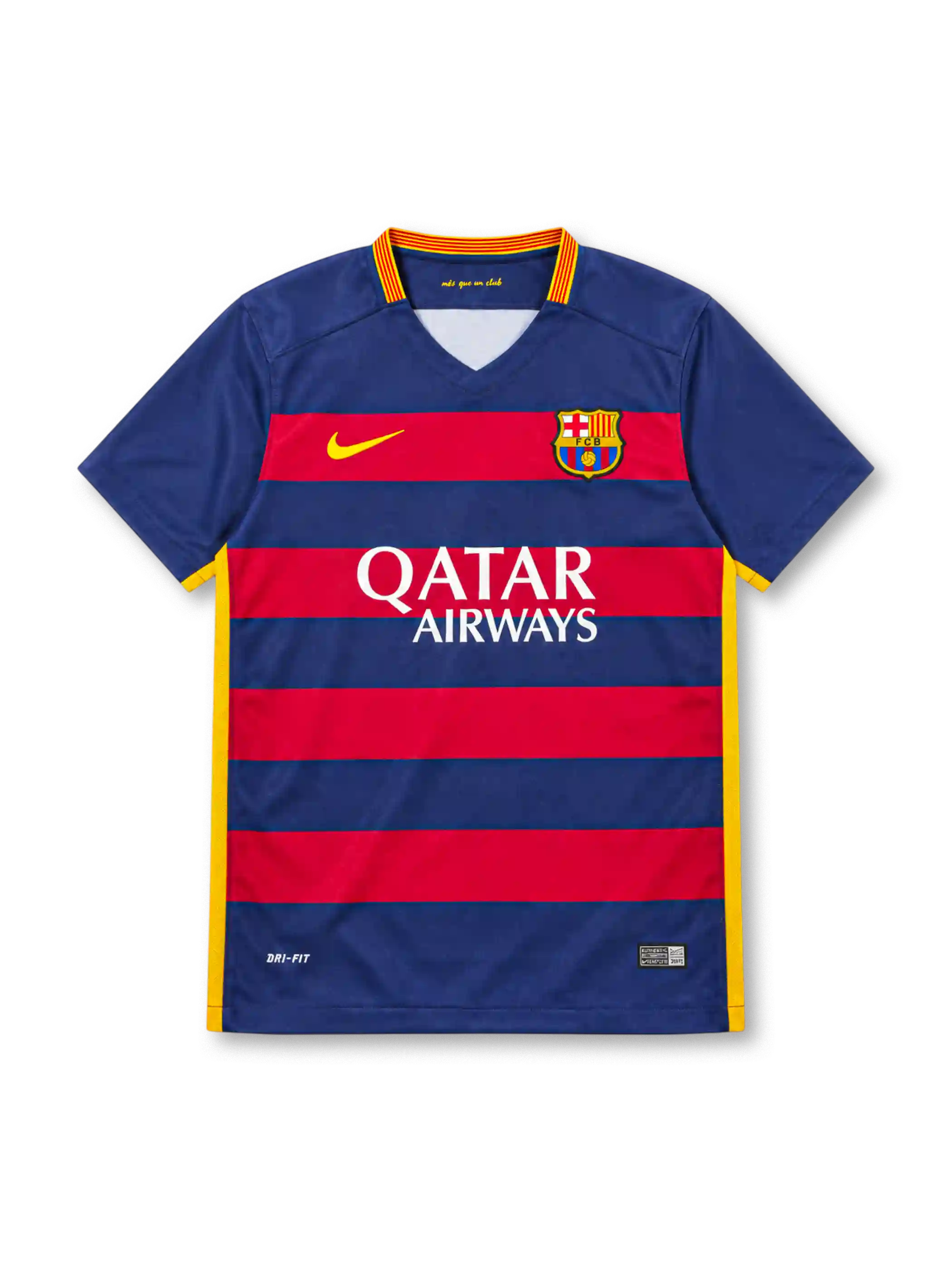 Barcelona 2015/16 Nike home jersey with navy-blue and red horizontal stripes, navy sleeves, Catalan-inspired yellow-and-red V-neck collar, yellow Nike Swoosh, FC Barcelona crest, white Qatar Airways sponsor, yellow side panels, and Authentic-style hem label.