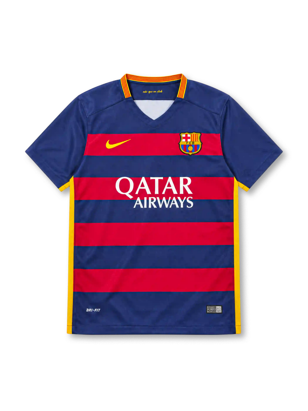 Barcelona 2015/16 Nike home jersey with navy-blue and red horizontal stripes, navy sleeves, Catalan-inspired yellow-and-red V-neck collar, yellow Nike Swoosh, FC Barcelona crest, white Qatar Airways sponsor, yellow side panels, and Authentic-style hem label.