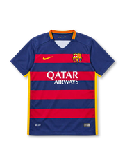 Barcelona 2015/16 Nike home jersey with navy-blue and red horizontal stripes, navy sleeves, Catalan-inspired yellow-and-red V-neck collar, yellow Nike Swoosh, FC Barcelona crest, white Qatar Airways sponsor, yellow side panels, and Authentic-style hem label.
