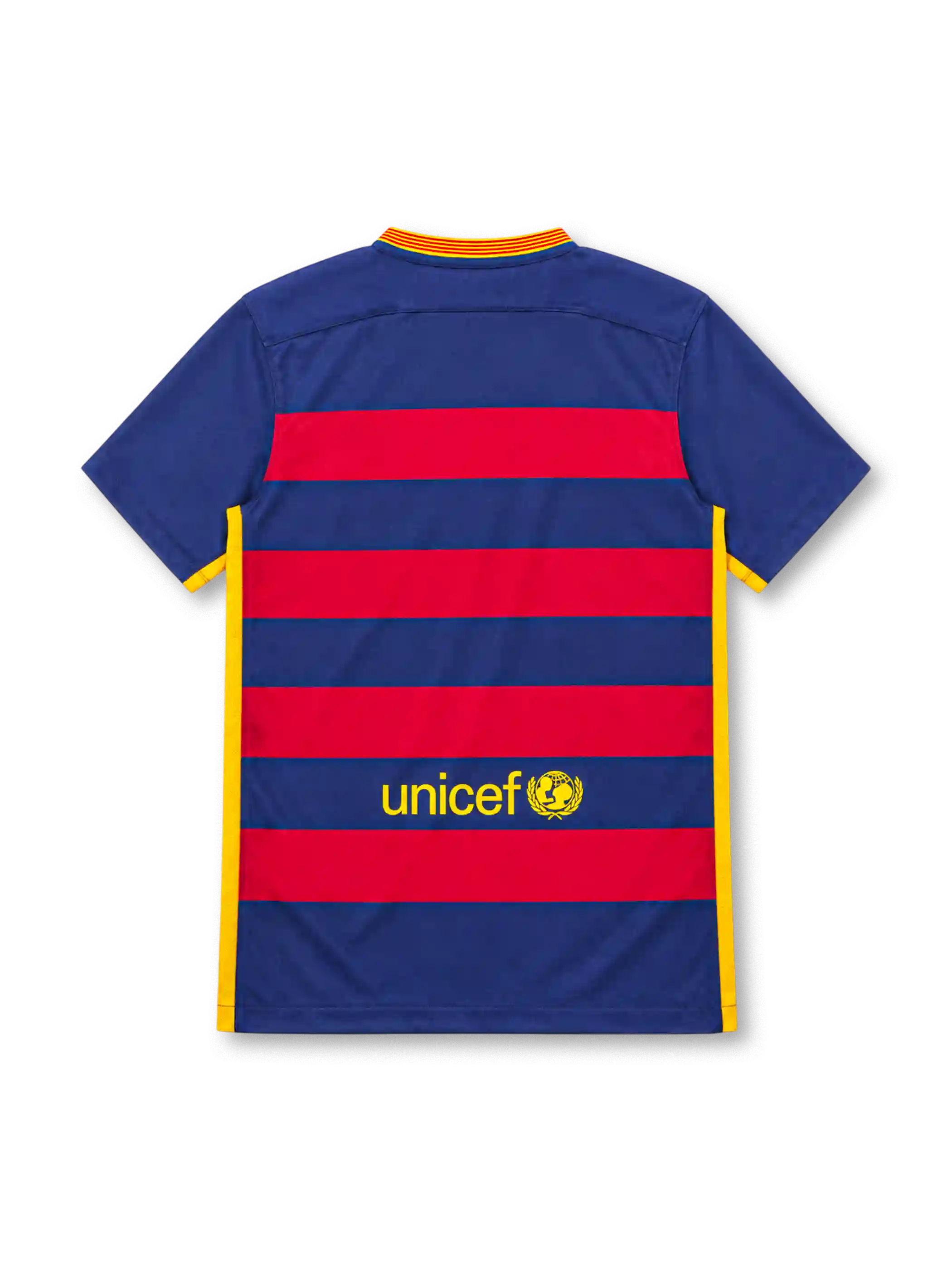Barcelona 2015/16 Nike home jersey with navy-blue and red horizontal stripes, navy sleeves, Catalan-inspired yellow-and-red V-neck collar, yellow Nike Swoosh, FC Barcelona crest, white Qatar Airways sponsor, yellow side panels, and Authentic-style hem label.
