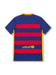 Barcelona 2015/16 Nike home jersey with navy-blue and red horizontal stripes, navy sleeves, Catalan-inspired yellow-and-red V-neck collar, yellow Nike Swoosh, FC Barcelona crest, white Qatar Airways sponsor, yellow side panels, and Authentic-style hem label.