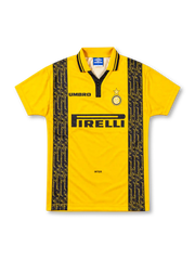 Inter Milan 1996/97 Umbro third jersey in bright yellow with black vertical panels featuring repeated gold F.C. Internazionale script, yellow polo collar with black trim, Inter crest with gold star, black Umbro logo, and Pirelli sponsor.