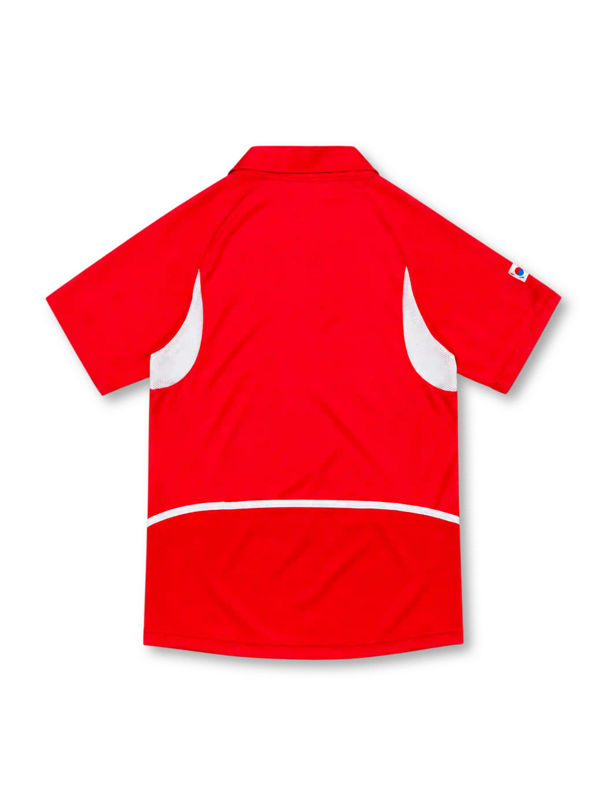 South Korea 2002 Nike home jersey in bright red with white geometric side panels, curved white line graphics across the front, red fold-down collar, white Nike Swoosh, and blue Korea Football Association crest.