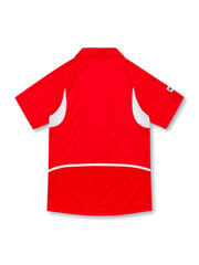 South Korea 2002 Nike home jersey in bright red with white geometric side panels, curved white line graphics across the front, red fold-down collar, white Nike Swoosh, and blue Korea Football Association crest.