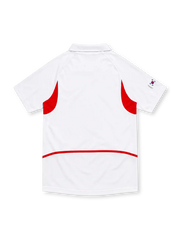 South Korea 2002 Nike away jersey in white with red geometric side panels, curved red pinstripe graphics, white fold-down collar, red Nike Swoosh, and blue Korea Football Association crest.
