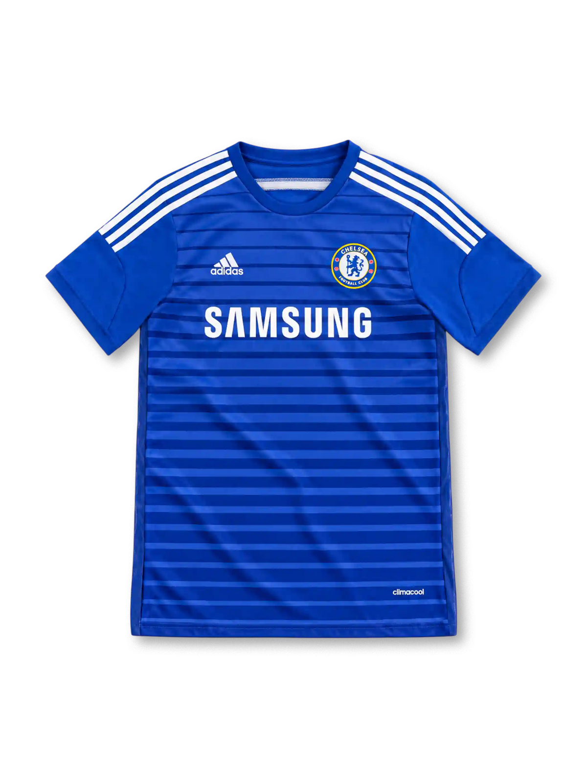 Chelsea 2014/15 adidas home jersey in royal blue with tonal horizontal stripes, white shoulder stripes, blue crew-neck collar, white adidas logo, Chelsea crest, Samsung sponsor, and CLIMACOOL branding.