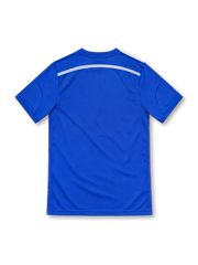Chelsea 2014/15 adidas home jersey in royal blue with tonal horizontal stripes, white shoulder stripes, blue crew-neck collar, white adidas logo, Chelsea crest, Samsung sponsor, and CLIMACOOL branding.