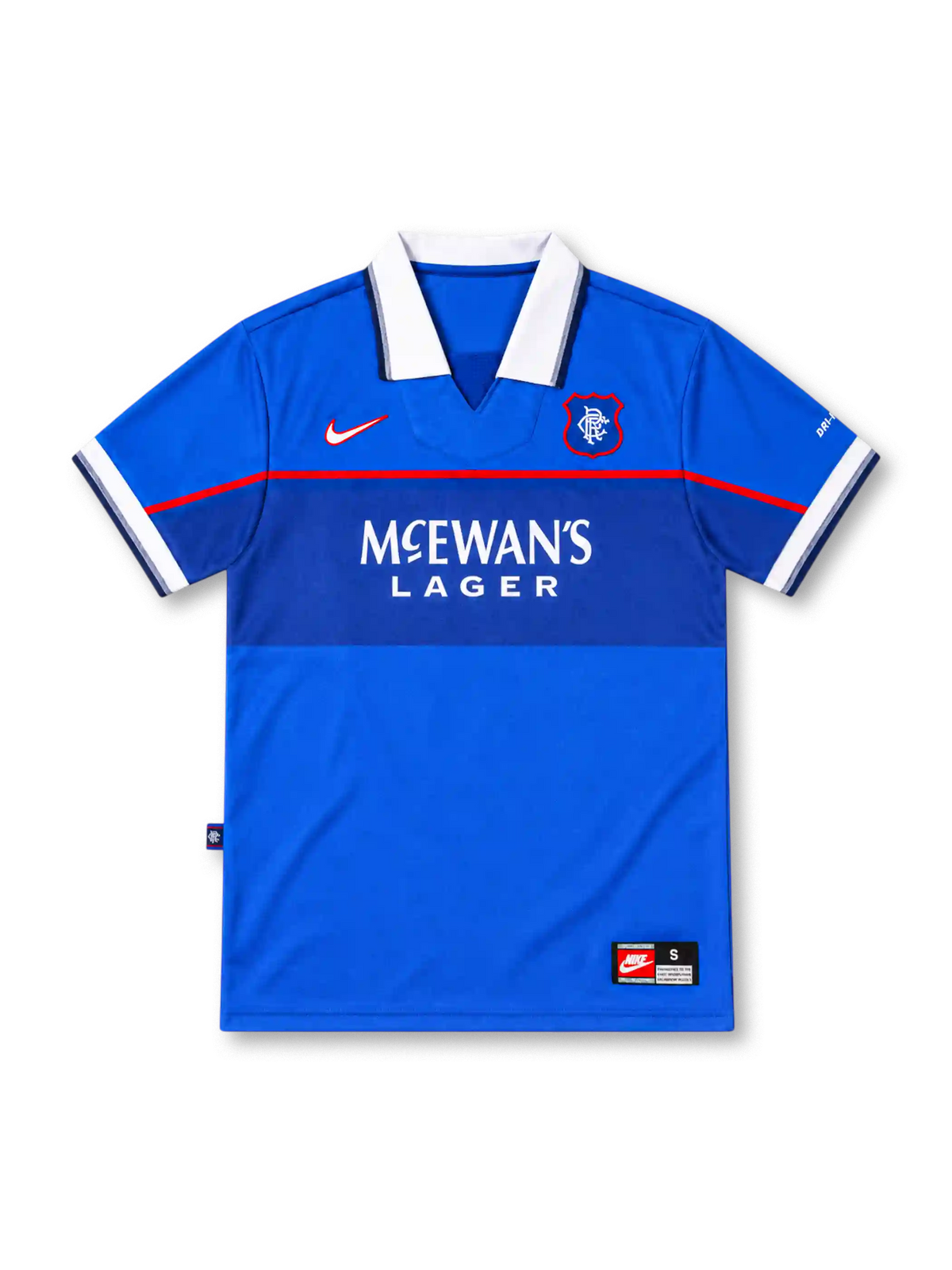 Rangers FC 1997–99 Nike home jersey in royal blue with a white fold-down collar, darker-blue chest band, thin red piping, white McEwan's Lager sponsor, red-outlined Nike Swoosh, Rangers shield crest, and white-trimmed sleeves.