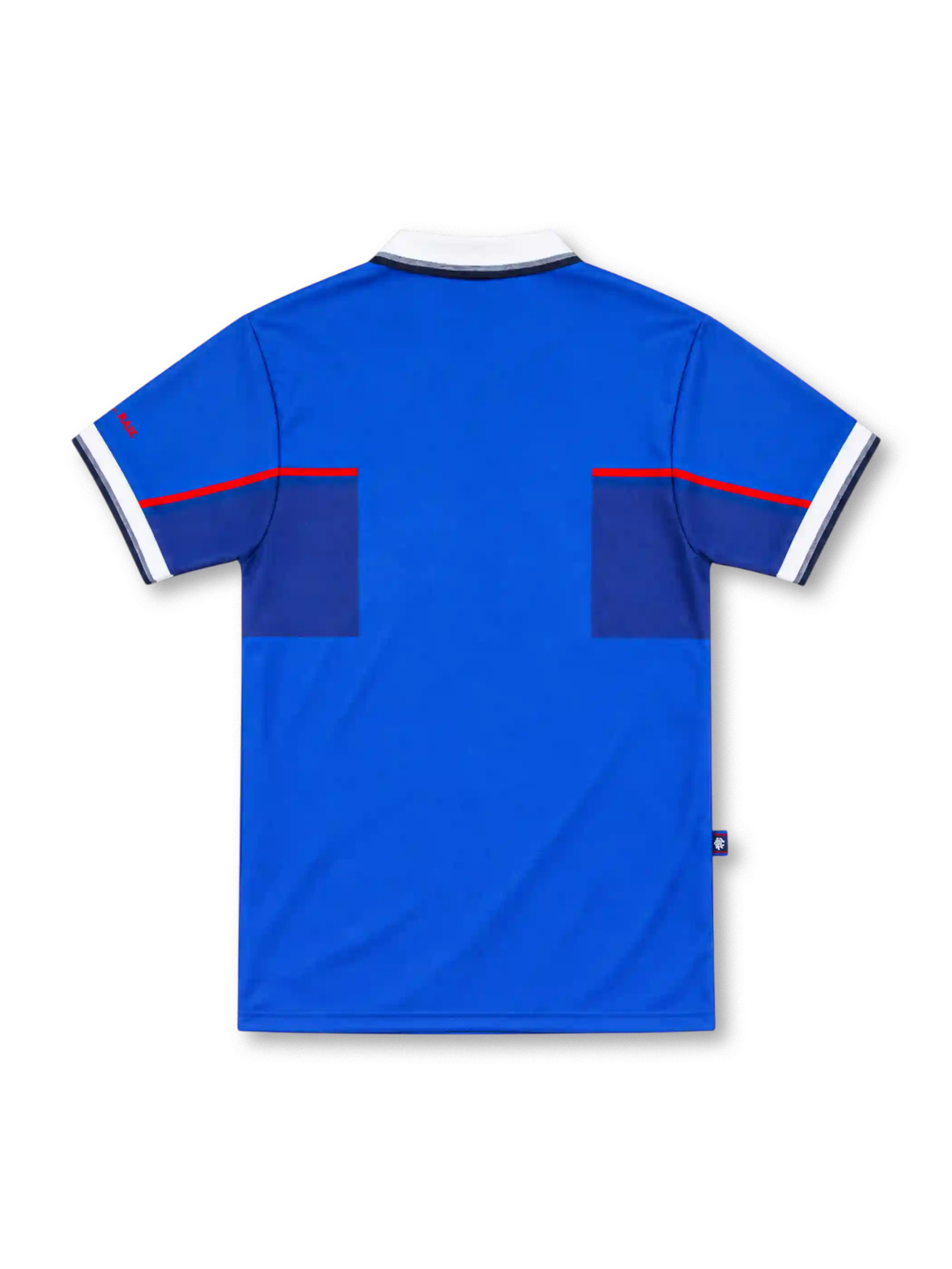 Rangers FC 1997–99 Nike home jersey in royal blue with a white fold-down collar, darker-blue chest band, thin red piping, white McEwan's Lager sponsor, red-outlined Nike Swoosh, Rangers shield crest, and white-trimmed sleeves.