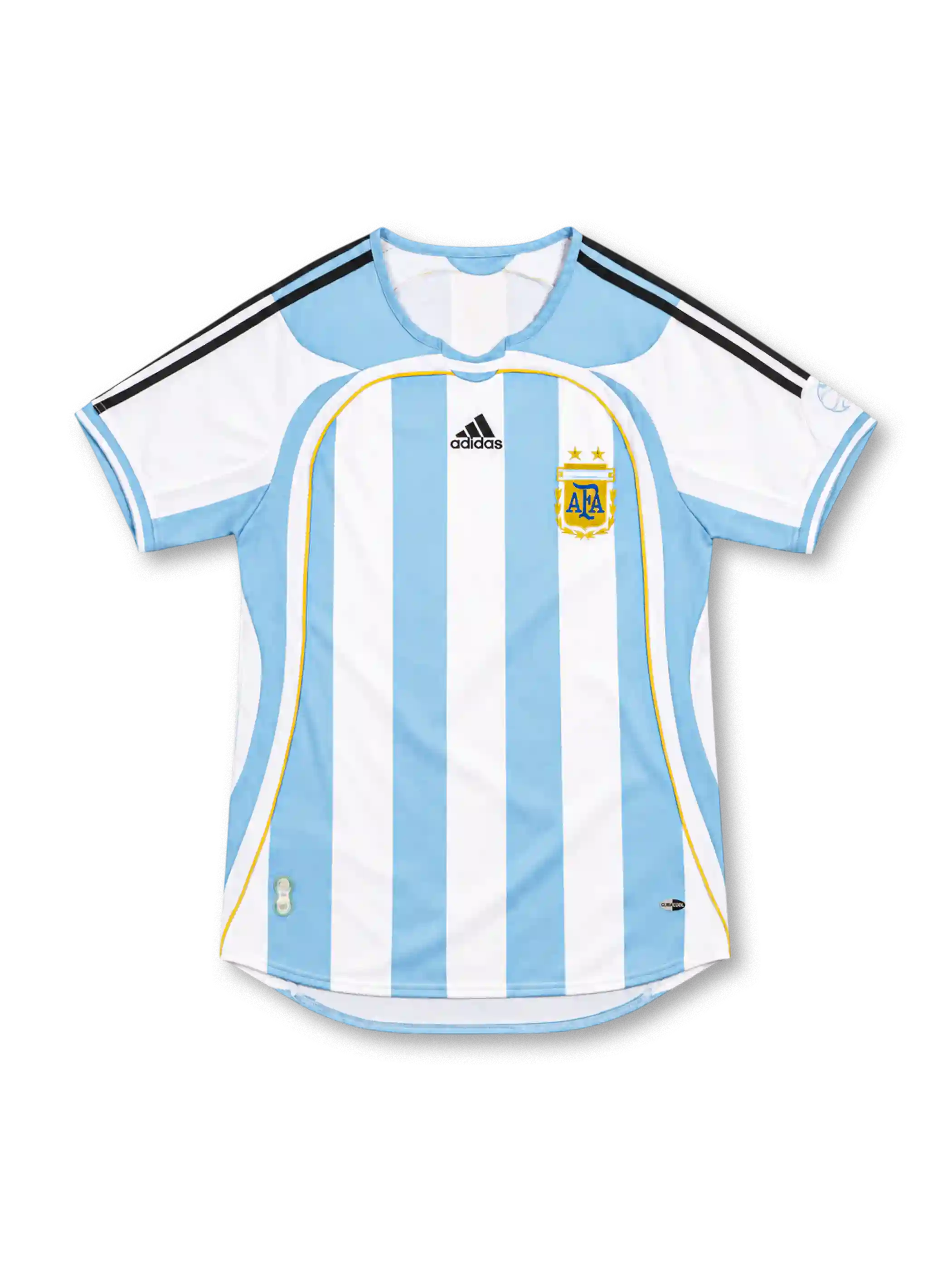 Argentina 2006 adidas home jersey with sky-blue and white vertical stripes, black adidas shoulder stripes, white sleeves, curved sky-blue panels, gold piping, central adidas logo, AFA crest with two gold stars, and CLIMACOOL detailing.